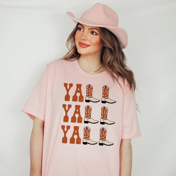 SimplyBeverly Tops - Yall Yall Yall Burnt Orange Cowboy Cowgirl Western Boot Pink T shirt